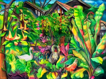 Birds in Paradise, One Wiegand Drive, Watercolor Painting, Landscape, Tropical Plants, Allegoical Painting